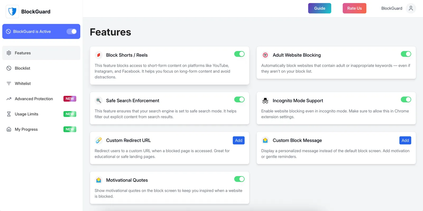 BlockGuard Chrome extension blocking adult content and porn websites