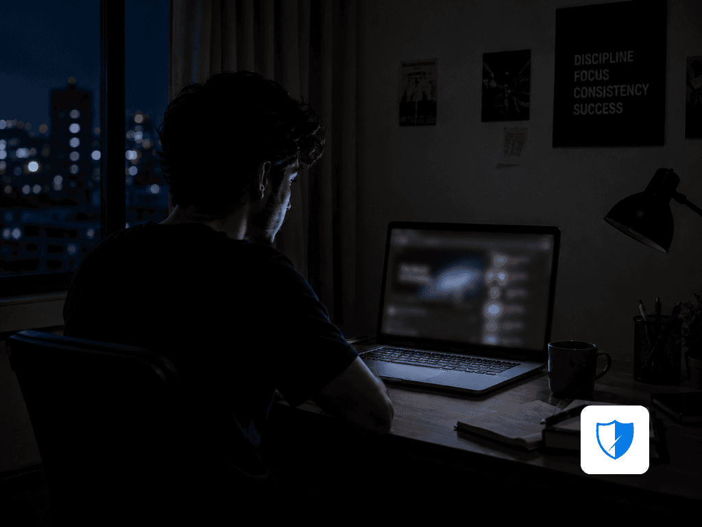 Person viewing a laptop at night with AI filtering explicit online content.